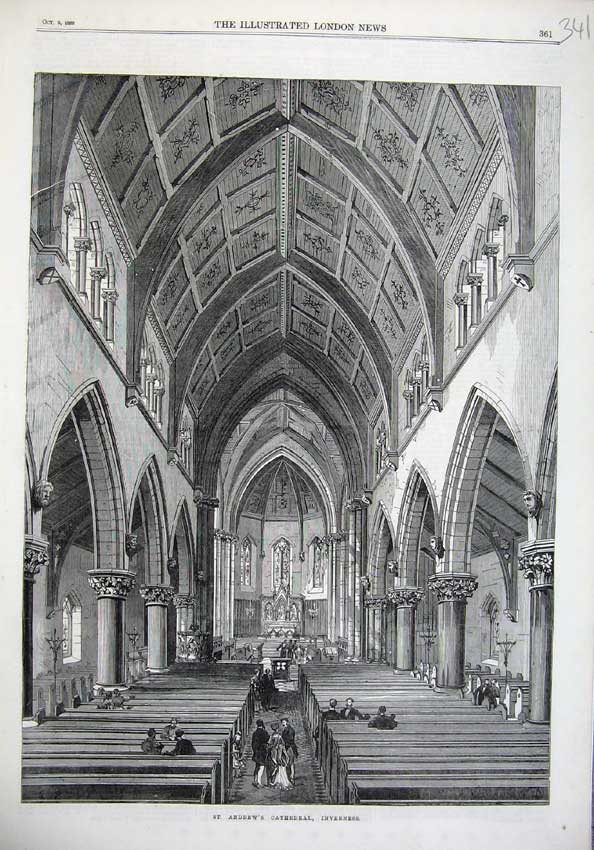 Old Antique Print 1869 Interior St Andrew'S Cathedral Inverness Scotland 19th