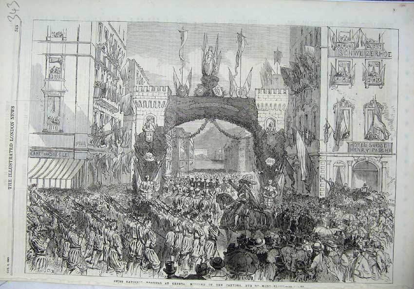 Old Antique Print 1869 Swiss National Festival Cantons Rue Du Mont Blanc 19th