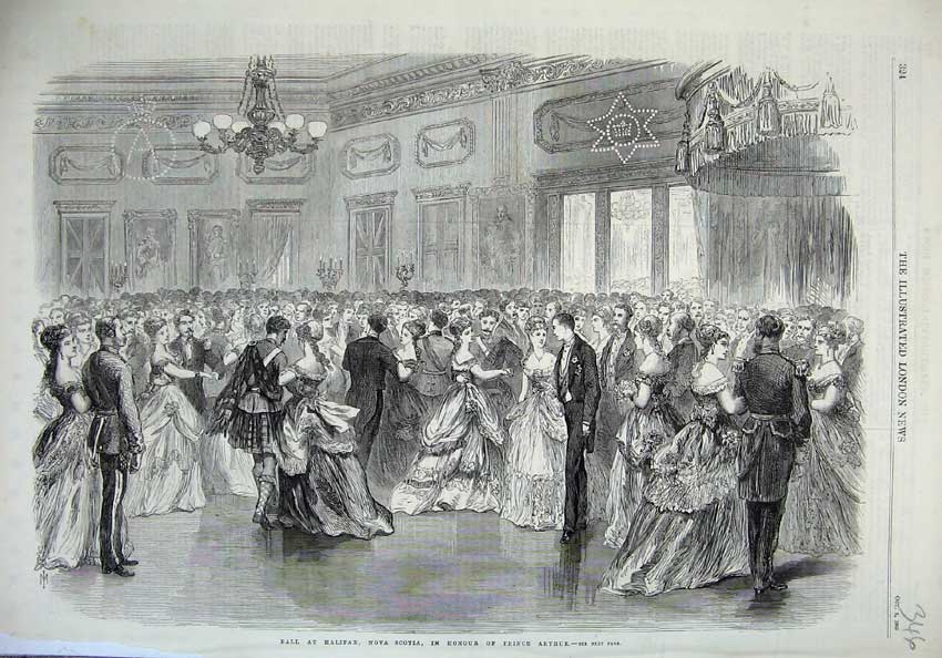 Original Old Antique Print 1869 Ball Halifax Nova Scotia Prince Arthur Fine Art