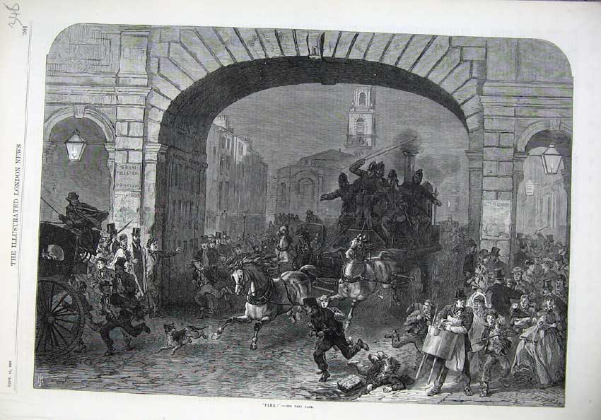 Original Old Antique Print 1869 Fine Art Fire Brigade Horses Men Emergency 19th