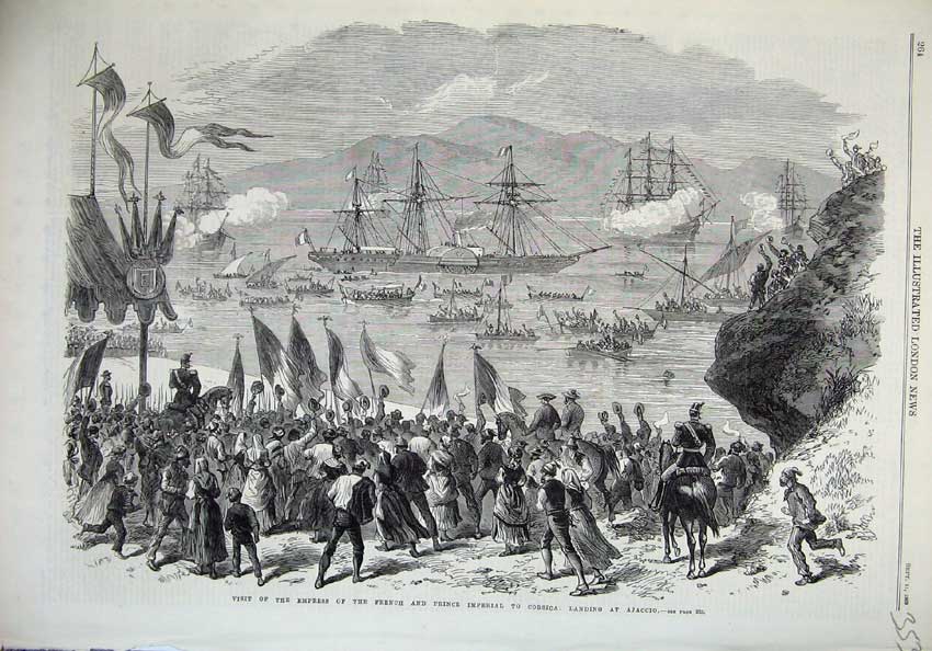 Old Antique Print 1869 Empress French Prince Imperial Corsica Ship Flags 19th
