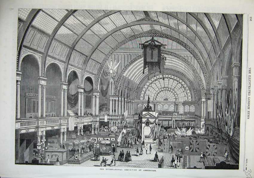 Original Old Antique Print 1869 Interior International Exhibition Amsterdam Art