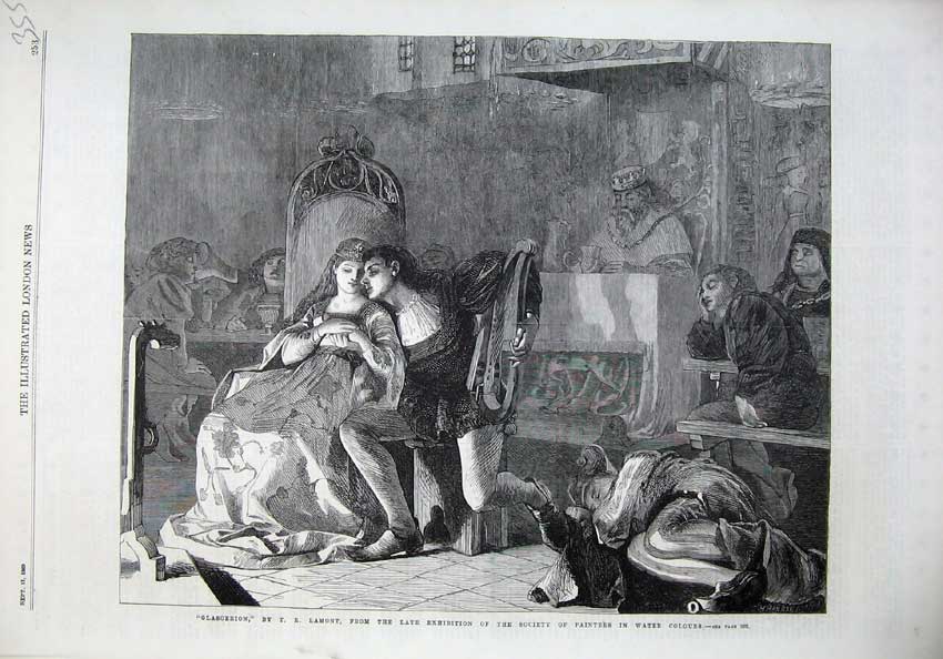 Original Old Antique Print 1869 Glasgerion Man Woman Romance Lamont Fine Art