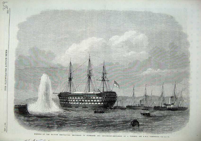 Original Old Antique Print 1869 Ships Excursion Plymouth Devonport Torpedo War