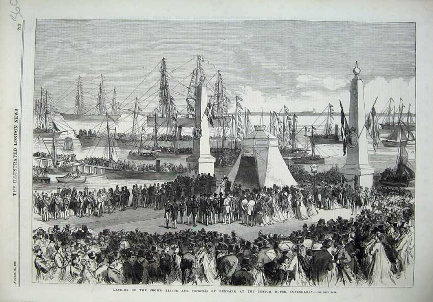 Old Antique Print 1869 Crown Prince Denmark Custom House Copenhagen Ship 19th