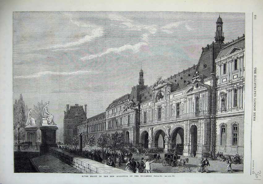 Original Old Antique Print 1869 River Front Buildings Tuileries Palace Fine Art