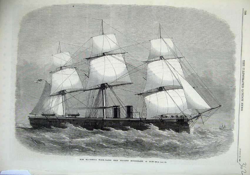 Original Old Antique Print 1869 Ship Majesty Wood-Cased Iron Frigate Inconstant