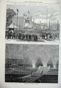 Original Old Antique Print Paris 1869 Barriere Du Trone Fireworks Trocadero Art