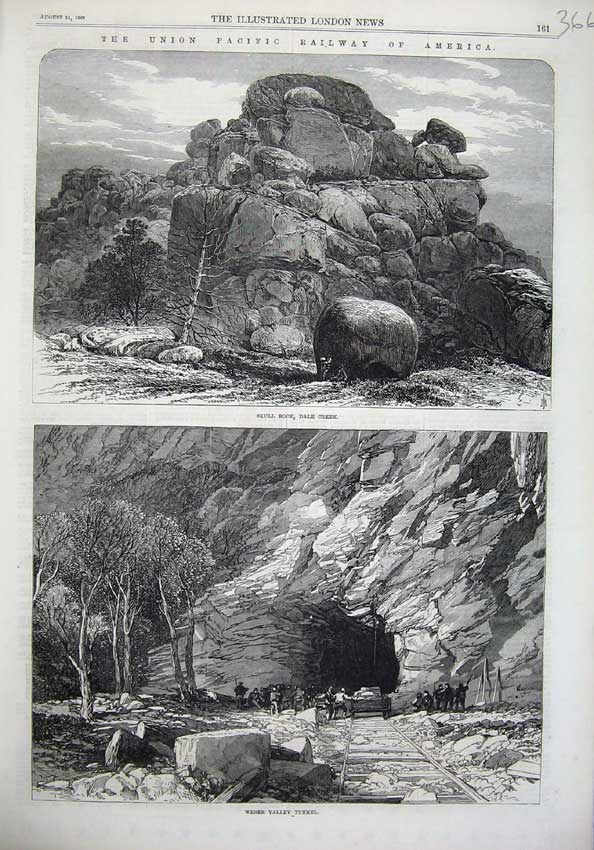 Original Old Antique Print 1869 Pacific Railway America Skull Rock Weber Tunnel