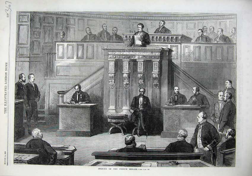 Original Old Antique Print 1869 Fine Art Opening French Senate Men Speakers