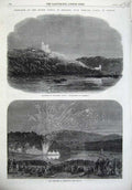 Original Old Antique Print Fireworks Christiania Oscarshall 1869 Denmark Louisa
