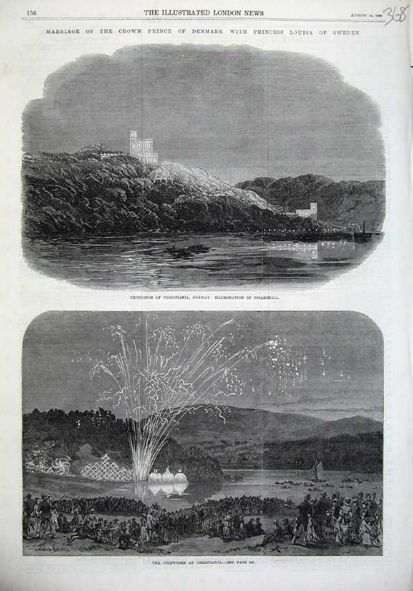 Original Old Antique Print Fireworks Christiania Oscarshall 1869 Denmark Louisa