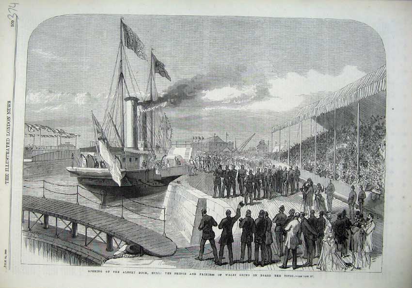 Old Antique Print Albert Dock Hull 1869 Prince Princess Wales Ship Vivid 19th