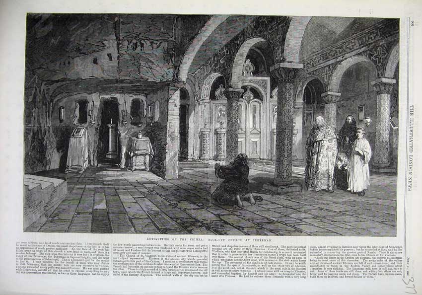 Original Old Antique Print 1869 Antiquities Crimea Rock-Cut Church Inkerman Art