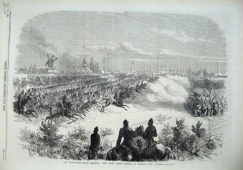 Old Antique Print 1869 Wimbledon Rifle Meeting Sham Fight Hussars Lancers 19th