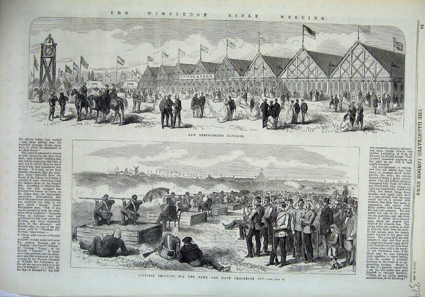 Original Old Antique Print 1869 Wimbledon Rifle Meeting Pavilion Siers Army Art