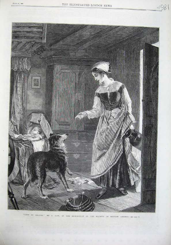 Original Old Antique Print 1869 Fine Art Mother Jug Baby Sleeping Dog Gow 19th