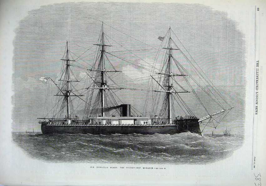 Original Old Antique Print 1869 Iron Clad Fleet Turret Ship Monarch Victorian