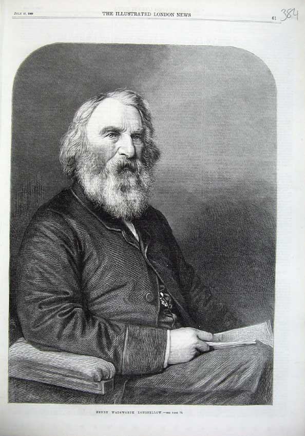 Original Old Antique Print 1869 Fine Art Portrait Henry Wadsworth Longfellow