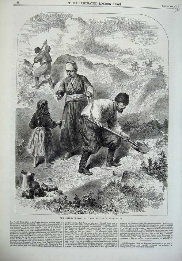 Old Antique Print 1869 Crimea War Men Digging Cannon-Balls Spade Children 19th