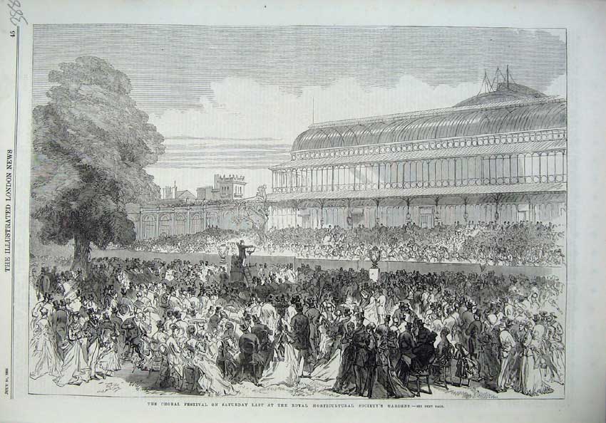 Original Old Antique Print 1869 Choral Festival Royal Horticultural Gardens
