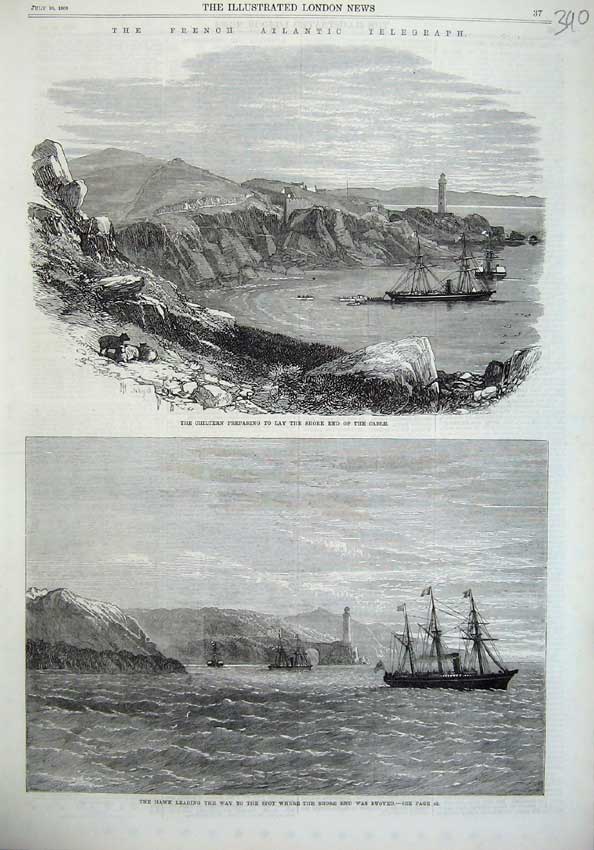 Original Old Antique Print 1869 French Telegraph Chiltern Ship Hawk Cable Shore
