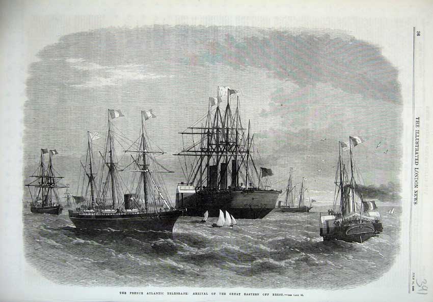 Old Antique Print 1869 French Telegraph Great Eastern Ship Brest Fine Art 19th