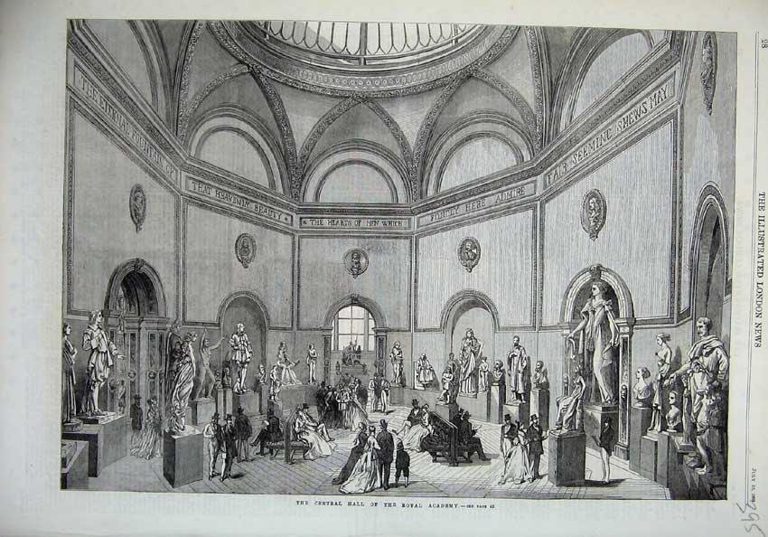 Original Old Antique Print 1869 Interior Central Hall Royal Academy People 19th