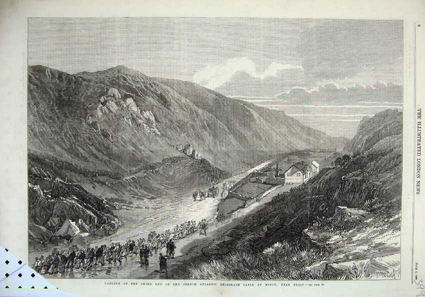 Old Antique Print 1869 Shore End Atlantic Telegraph Cable Minou Brest Art 19th