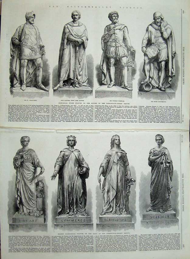 Original Old Antique Print 1869 Statue Walworth Alwyne Mayor Farringdon-Street