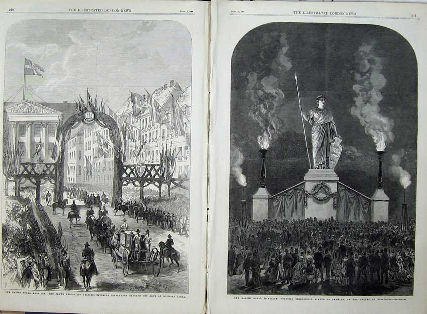 Original Old Antique Print 1869 Crown Prince Copenhagen Denmark Wedding Statue