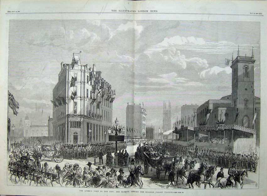 Antique Old Print 1869 Queen London Holborn Valley Viaduct Procession Art 19th
