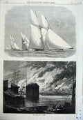 Original Old Antique Print 1870 Schooner Ship London Yacht Club Fire Quebec Art
