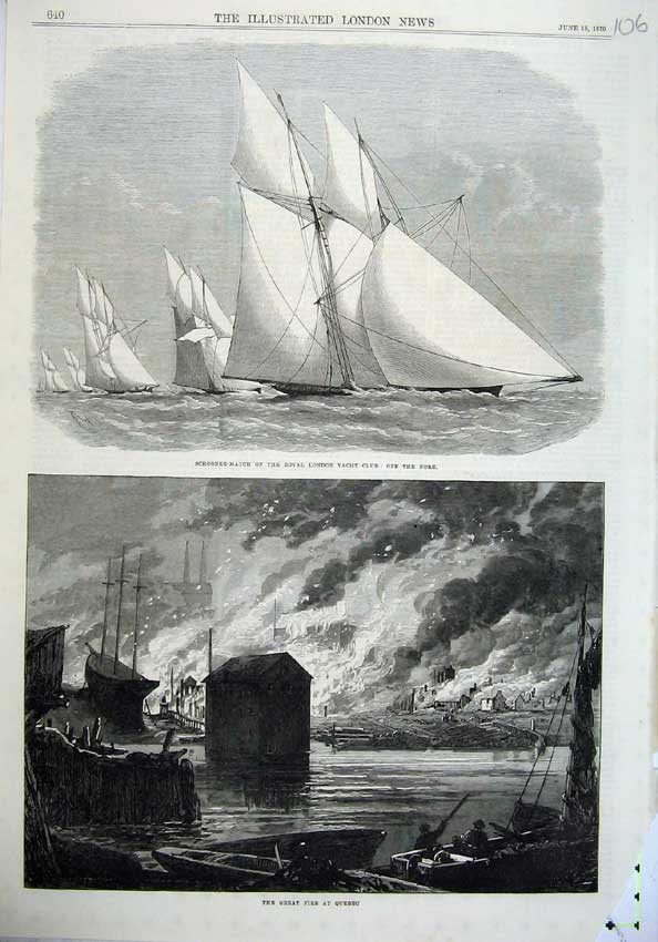 Original Old Antique Print 1870 Schooner Ship London Yacht Club Fire Quebec Art