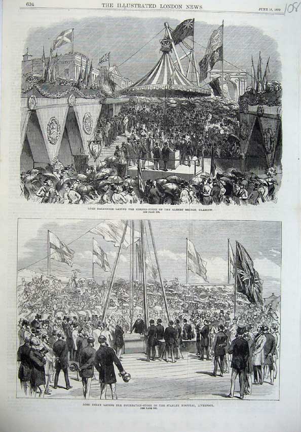 Original Old Antique Print 1870 Dalhousie Albert Bridge Glasgow Derby Liverpool