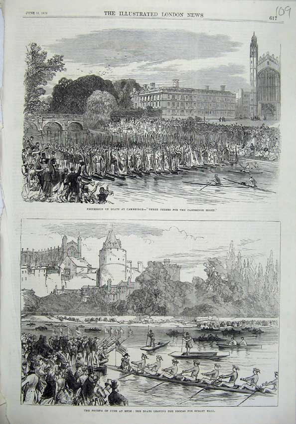 Old Antique Print 1870 Boats Cambridge Eton Brocas Surley Hall Men Sport 19th