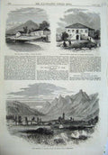 Original Old Antique Print 1870 Ober Ammergau Bavaria Mountains Greece Oropos