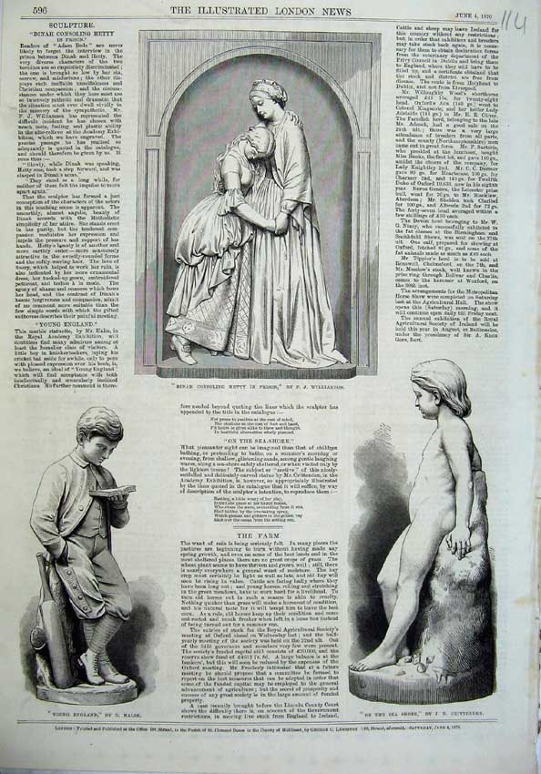 Old Antique Print Dinah Hetty Statue 1870 Young Boy Cricket Child Shore 19th
