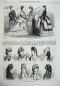 Original Old Antique Print Paris Fashion Ladies Dresses 1870 Hats Head-Dresses