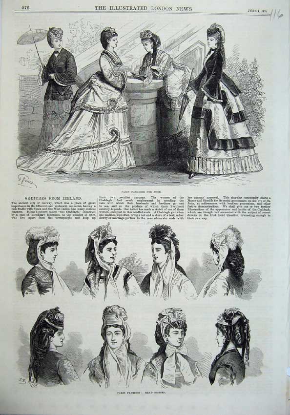 Original Old Antique Print Paris Fashion Ladies Dresses 1870 Hats Head-Dresses