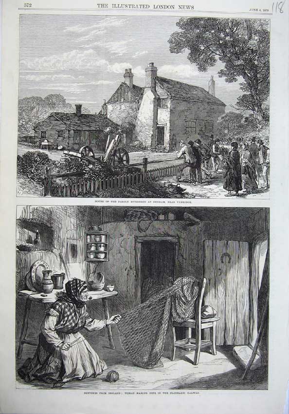 Original Old Antique Print Ireland Woman Nets Claddagh Galway 1870 Denham House