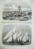 Old Antique Print Thames Cutter-Match Ship 1870 Raising Capstone Guernsey 19th