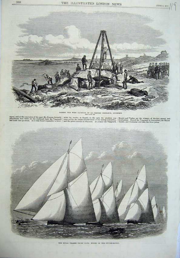 Old Antique Print Thames Cutter-Match Ship 1870 Raising Capstone Guernsey 19th