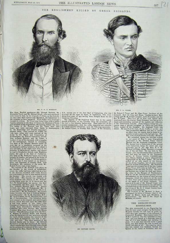 Old Antique Print Englishmen Greek Killed 1870 Herbert Vyner Edwar Lloyd 19th