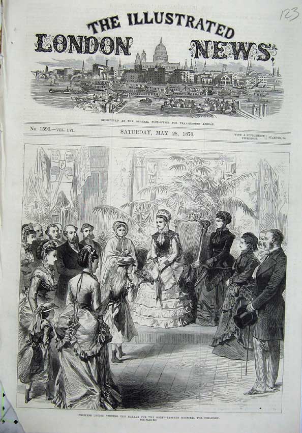 Original Old Antique Print 1870 Princess Louisa Bazaar Hospital Children People