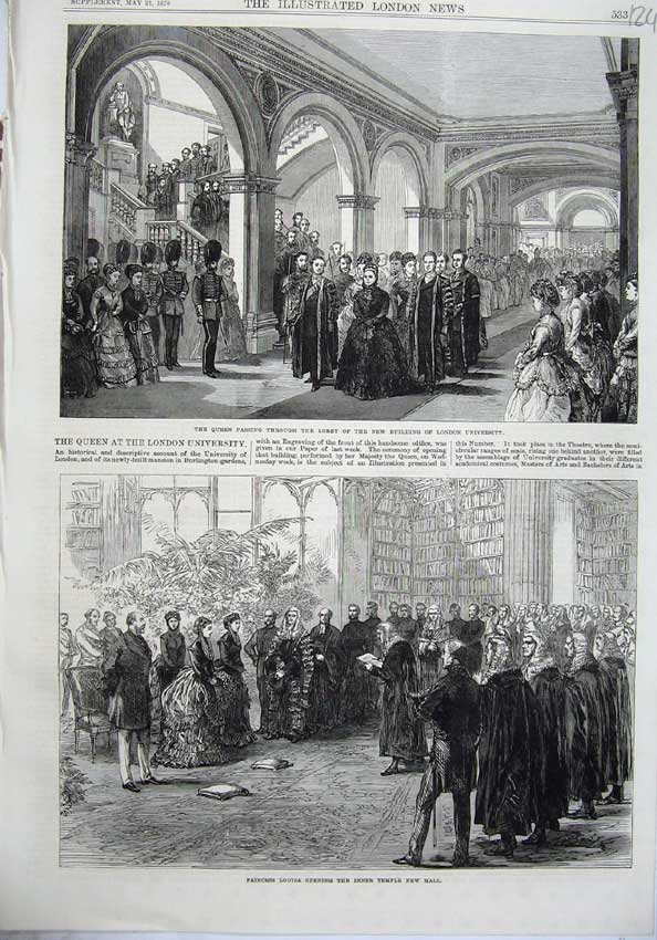 Old Antique Print Queen London University1870 Princess Louisa Temple Hall 19th