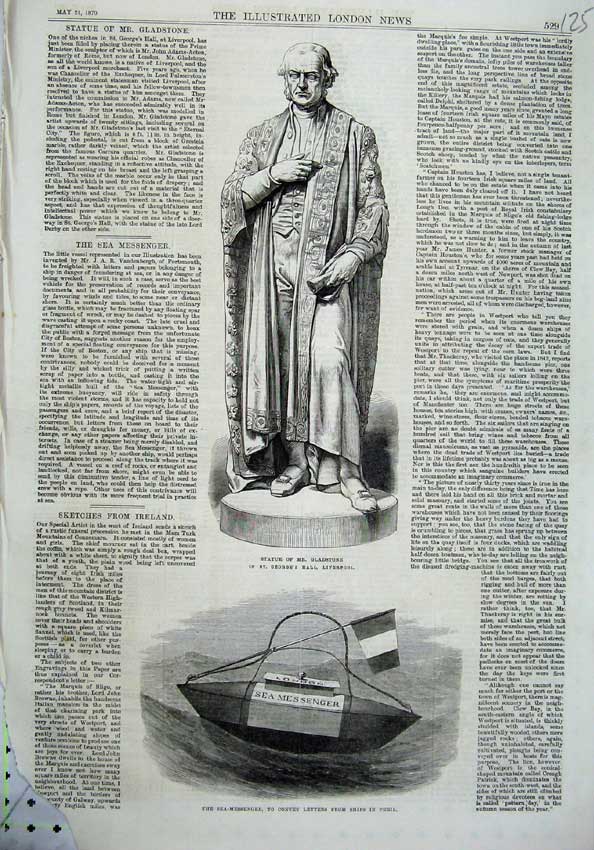 Original Old Antique Print Statue Gladstone Liverpool 1870 Sea-Messenger Ships