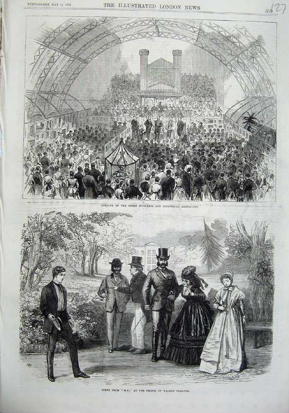 Original Old Antique Print Derby Fine Arts Exhibition 1870 Prince Wales Theatre