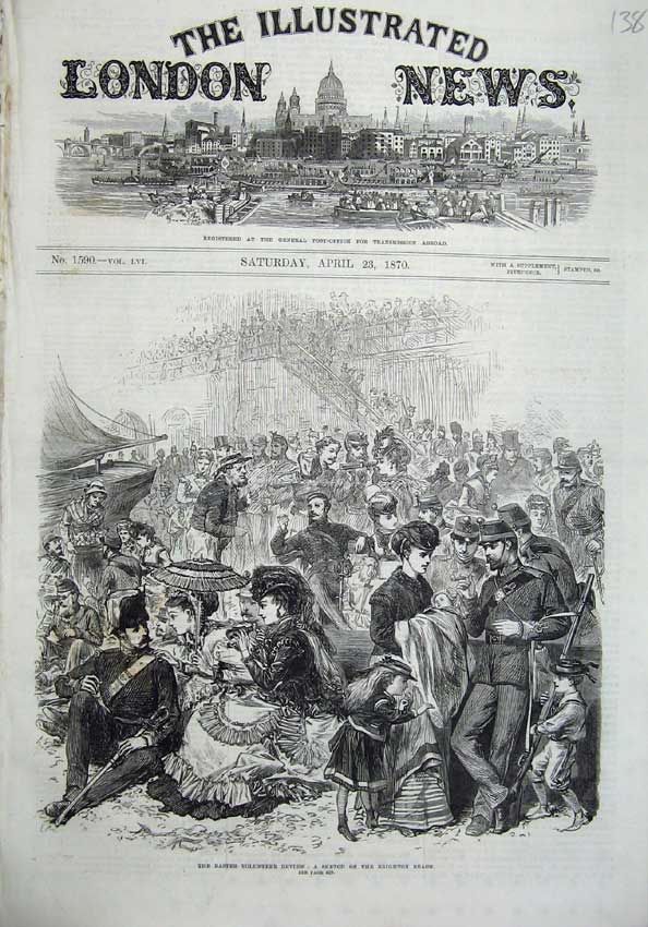 Old Antique Print 1870 Easter Ta Army Review Brighton Beach Families War 19th