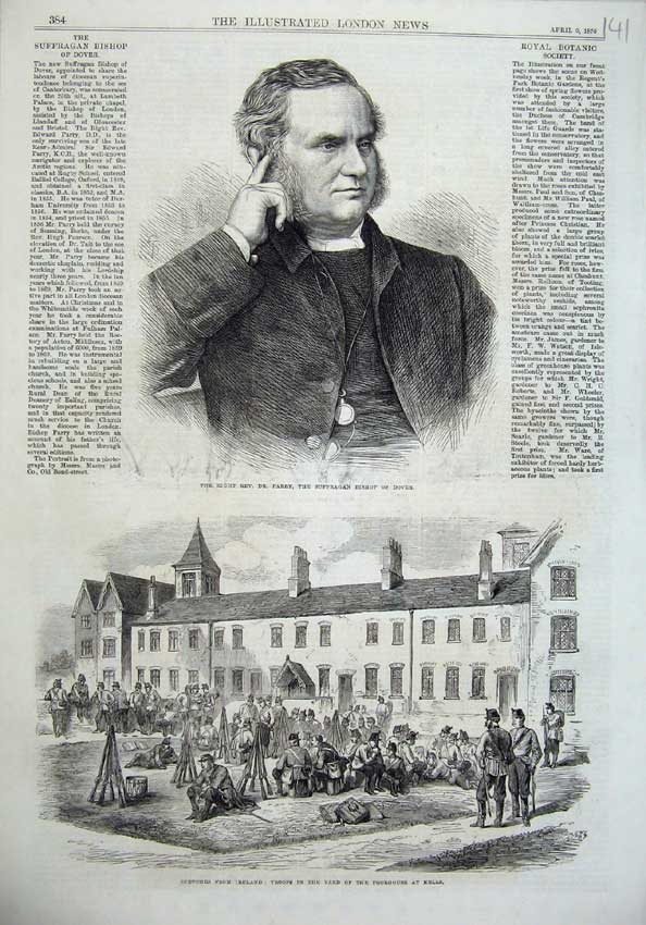 Original Old Antique Print Dr Parry Bishop Dover 1870 Ireland Troops Yard Kells